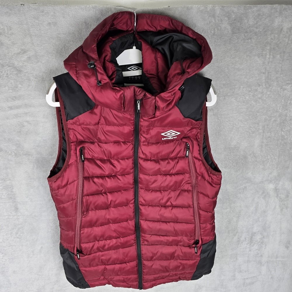 Umbro Mens Puffer Vest Hooded Full Zip‎ Burgundy Black Sportswear Gilet Small